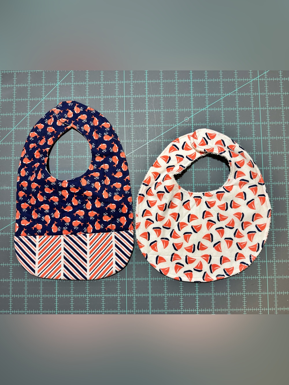 Navy Orange & White Baby Bib Set with Whales & Sailboats